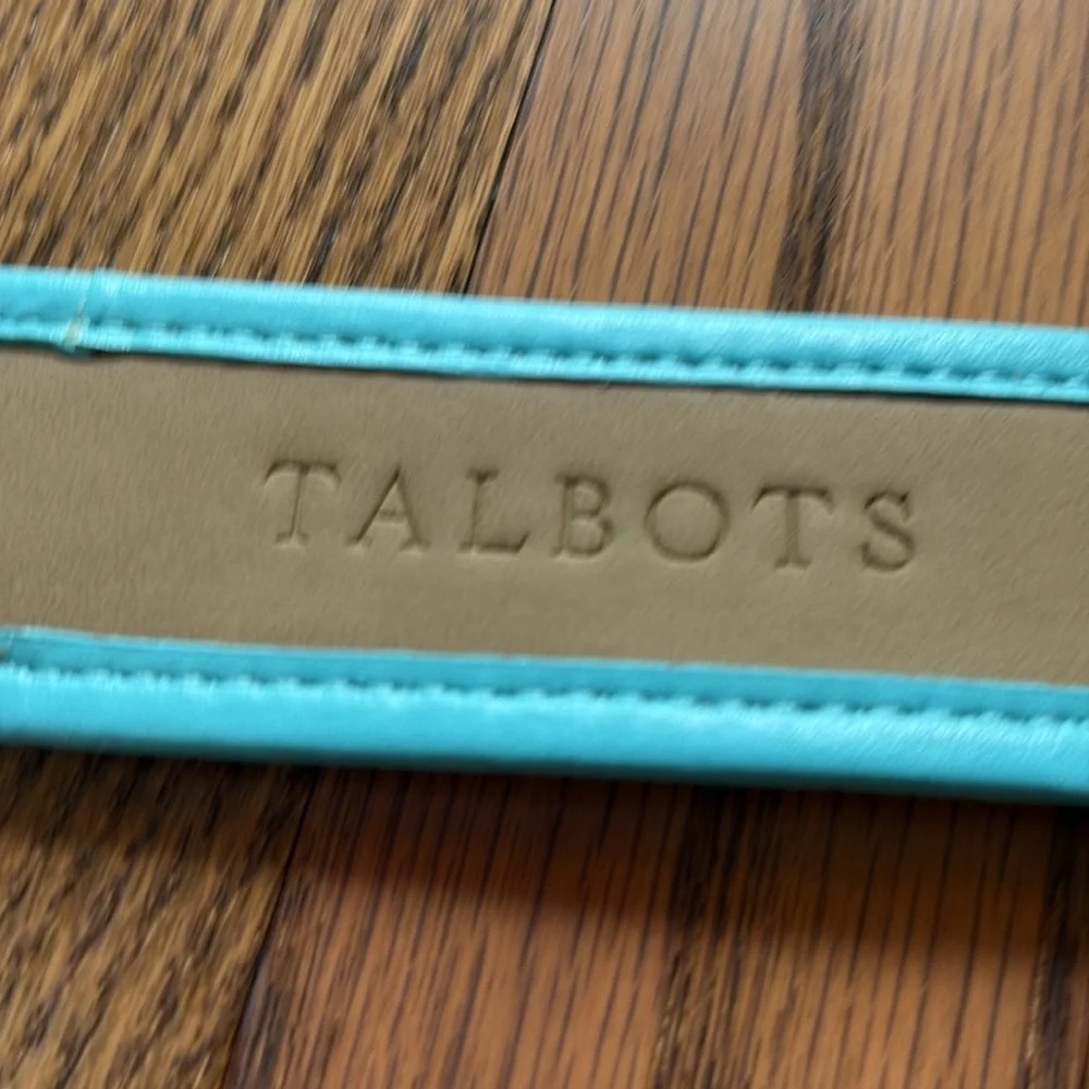 Talbots sz XL red and turquoise leather and linen blend belt with gold buckle